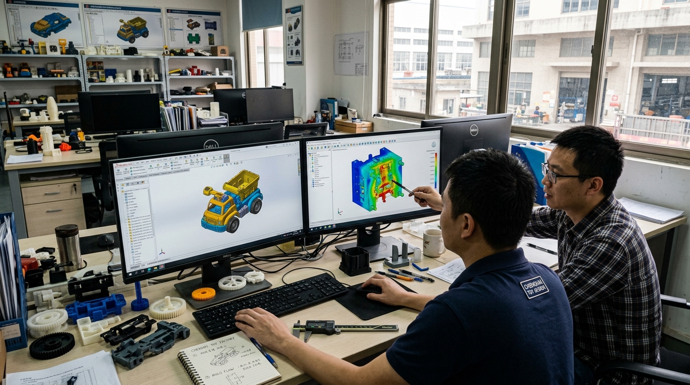 Hanmun Toys Senior CAD Engineering Workstation running SolidWorks 3D Modeling and MoldFlow Simulation