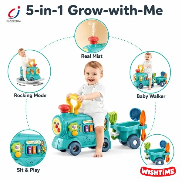 Multifunctional Baby Steam Walker Train Model, 5-in-1 Activity Ride Model